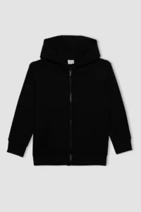 DeFacto Boy's Basic Plain Black Hooded School Cardigan with Zipper Pocket X7382a624au - Image 7