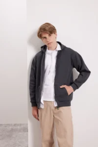 DeFacto Boy's Anthracite Basic Plain Hooded Zippered School Cardigan X7382a624au