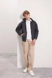DeFacto Boy's Anthracite Basic Plain Hooded Zippered School Cardigan X7382a624au - Image 3
