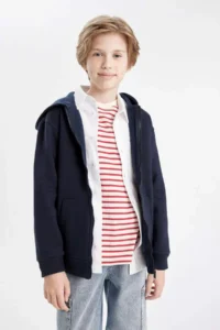 DeFacto Boy's Basic Plain Navy Blue Hooded Pocket Zippered School Cardigan - Image 2