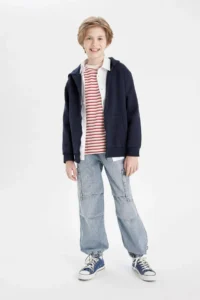DeFacto Boy's Basic Plain Navy Blue Hooded Pocket Zippered School Cardigan - Image 3