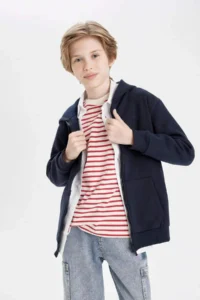 DeFacto Boy's Basic Plain Navy Blue Hooded Pocket Zippered School Cardigan - Image 4