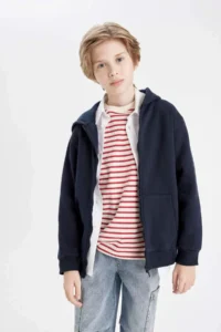 DeFacto Boy's Basic Plain Navy Blue Hooded Pocket Zippered School Cardigan - Image 5