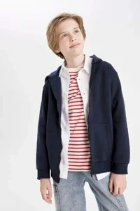 DeFacto Boy's Basic Plain Navy Blue Hooded Pocket Zippered School Cardigan - Image 6
