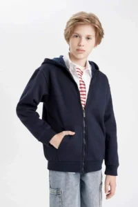 DeFacto Boy's Basic Plain Navy Blue Hooded Pocket Zippered School Cardigan - Image 7