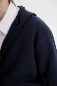 DeFacto Boy's Basic Plain Navy Blue Hooded Pocket Zippered School Cardigan - Image 8