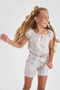 DeFacto Girls' Patterned Short Sleeve Blouse