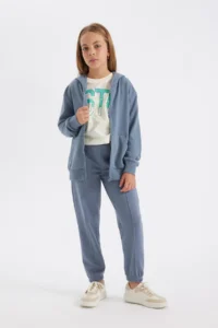 DeFacto Girl's Gray Standard Fit Elastic Waist Pocket Basic Plain School Jogger Sweatpants X9036a624au - Image 2