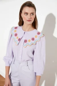 TRENDYOLMİLLA Lilac Embroidery Detailed seersucker Material Regular Normal Pattern Weaving Shirt