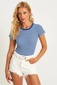 Cool & Sexy Women Saks Blue-White Striped Blouse xl2005 - Image 3
