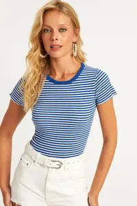 Cool & Sexy Women Saks Blue-White Striped Blouse xl2005 - Image 4