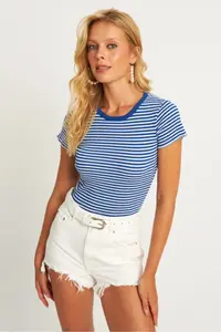 Cool & Sexy Women Saks Blue-White Striped Blouse xl2005 - Image 5
