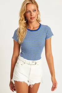 Cool & Sexy Women Saks Blue-White Striped Blouse xl2005 - Image 6