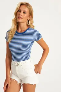 Cool & Sexy Women Saks Blue-White Striped Blouse xl2005 - Image 7