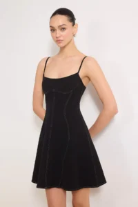 TRENDYOLMİLLA Black Mini Flexible Weaving Dress with Contrast Stitching Detail