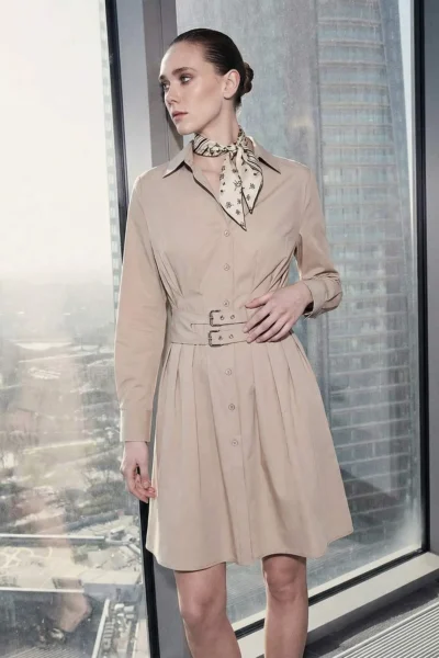 TRENDYOLMİLLA Limited Edition Stone Color Plain Belt Detailed Short / Mini Weaving Dress