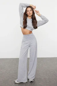 TRENDYOLMİLLA Gray Thin Extra High Waist Wide Leg/Wide Cut Pants
