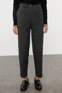 TRENDYOLMİLLA Anthracite Carrot High Waist polyviscone Weaving Dress Pants - Image 3