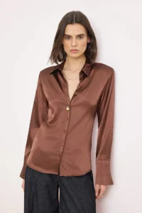 TRENDYOLMİLLA Brown Hafif Bele Oturan Satin padded Shirt