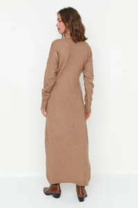TRENDYOLMİLLA Camel Soft textured Midi Knitwear Double breasted Collar Binding Detailed Dress - Image 5