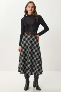 Lovelyİstanbul Arched Checkered Midi Weaving Skirt  Black Gray