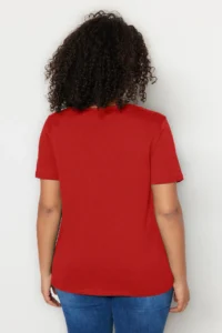 Trendyol Curve Red V-neck Basic 100% Cotton Knitting T-Shirt - Image 5