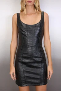 TRENDYOLMİLLA Black Fitted Faux Leather Short Dress - Image 4