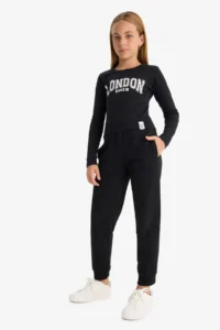 DeFacto Girls' Black Jogger Standard Fit School Sweatpants