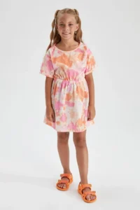 DeFacto Girl's Regular Fit Patterned Short Sleeve Combed Cotton Dress