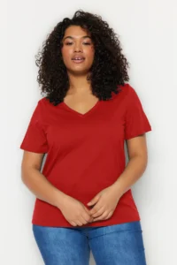 Trendyol Curve Red V-neck Basic 100% Cotton Knitting T-Shirt