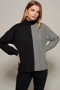 Cool & Sexy Women's Black-White Half Turtle Houndstooth Pattern Blouse - Image 2