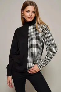 Cool & Sexy Women's Black-White Half Turtle Houndstooth Pattern Blouse - Image 3