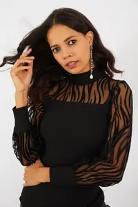 Cool & Sexy Women's Black Half Turtleneck Tulle Camisole Blouse - Image 5