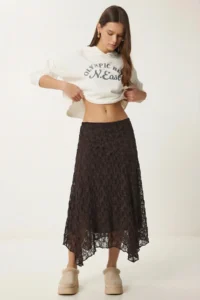 Lovelyİstanbul Lace Detailed Asymmetrical Midi Skirt  BROWN - Image 3