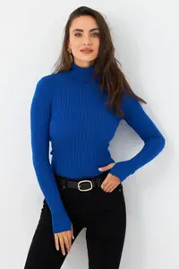Cool & Sexy Women Saks Blue Turtleneck Knitwear Blouse