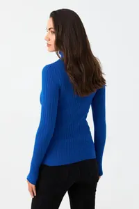 Cool & Sexy Women Saks Blue Turtleneck Knitwear Blouse - Image 2