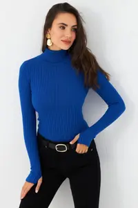 Cool & Sexy Women Saks Blue Turtleneck Knitwear Blouse - Image 3