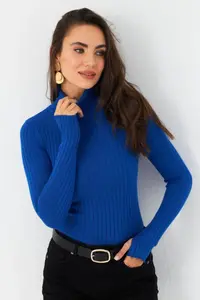 Cool & Sexy Women Saks Blue Turtleneck Knitwear Blouse - Image 5