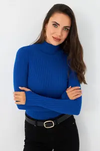 Cool & Sexy Women Saks Blue Turtleneck Knitwear Blouse - Image 6