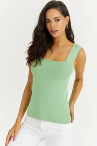 Cool & Sexy Women Green Square Neck Knitwear Blouse - Image 2