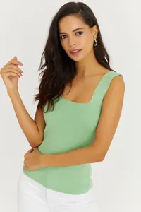 Cool & Sexy Women Green Square Neck Knitwear Blouse - Image 3
