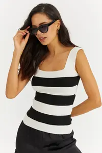 Cool & Sexy Women White-Black Square Neck Knitwear Blouse