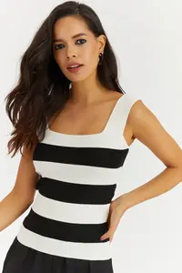 Cool & Sexy Women White-Black Square Neck Knitwear Blouse - Image 2