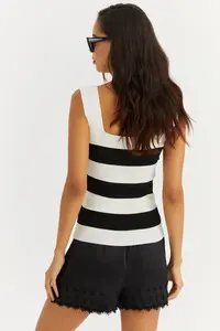 Cool & Sexy Women White-Black Square Neck Knitwear Blouse - Image 4
