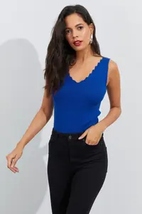 Cool & Sexy Women Saks Blue Merdiven Yaka Knitwear Blouse - Image 4