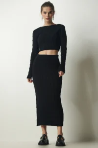 Happiness İstanbul Women's Black Ribbed Crop Knitwear Sweater Skirt Suit - Image 2