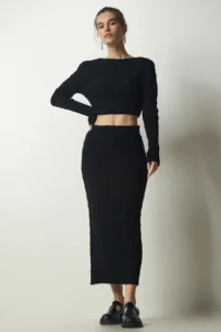 Happiness İstanbul Women's Black Ribbed Crop Knitwear Sweater Skirt Suit - Image 3