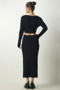 Happiness İstanbul Women's Black Ribbed Crop Knitwear Sweater Skirt Suit - Image 8