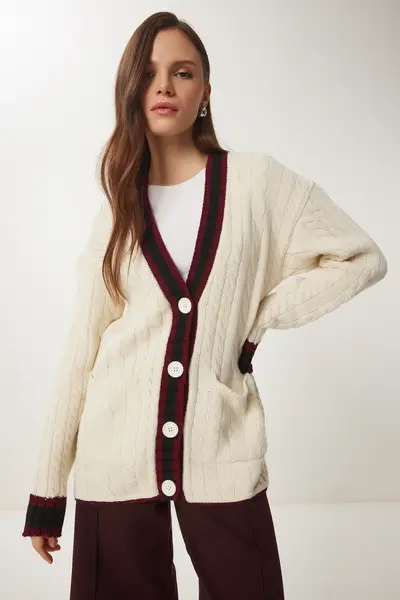 Happiness İstanbul Women's Cream Contrast Color Knitted Knitwear Cardigan