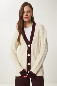 Happiness İstanbul Women's Cream Contrast Color Knitted Knitwear Cardigan - Image 2